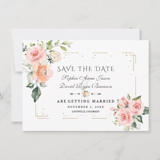 Blush Crème Bloemengoud Glitter Frame Bruiloft Save The Date (Voorkant)