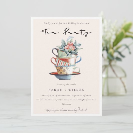 Blush Cups elk jaar Jubileum Tea Party nodigt uit Bedankkaart (Staand voorkant)