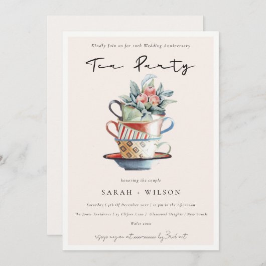 Blush Cups elk jaar Jubileum Tea Party nodigt uit Bedankkaart (Voorkant / Achterkant)