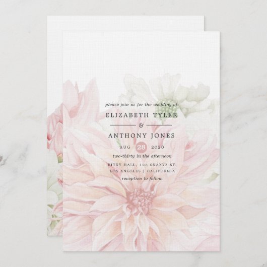 Blush Dahlias Floral Wedding Invitation Kaart (Voorkant / Achterkant)