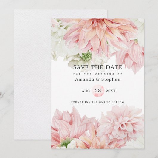 Blush Dahlias Floral Wedding Save The Date (Voorkant / Achterkant)