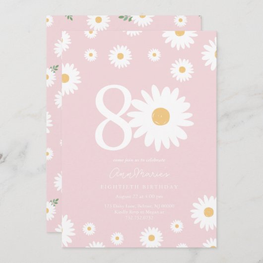 Blush Daisy 80ste verjaardag uitnodiging (Voorkant / Achterkant)