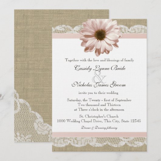 Blush Daisy Country Lace en Burlap Wedding Kaart (Voorkant / Achterkant)