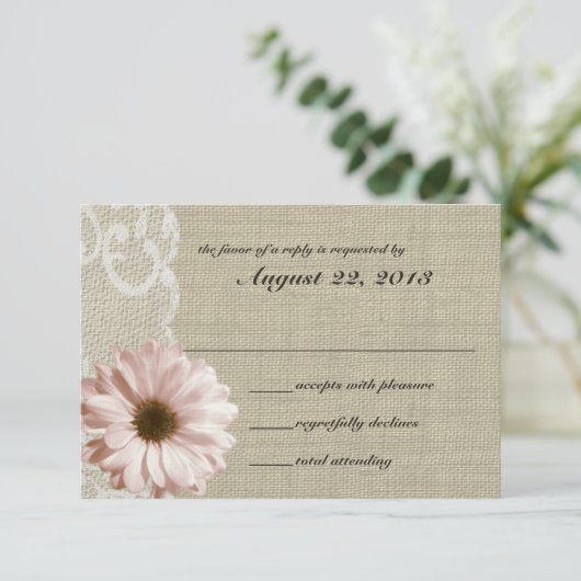 Blush Daisy en Lace Country Burlap Reactie RSVP Kaartje (Staand voorkant)