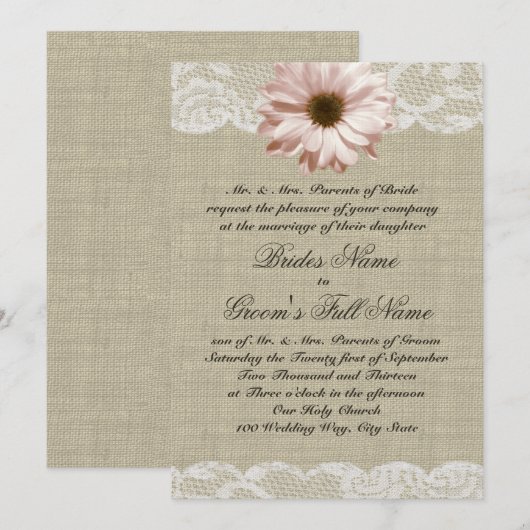 Blush Daisy en Lace Country Burlap Wedding Kaart (Voorkant / Achterkant)