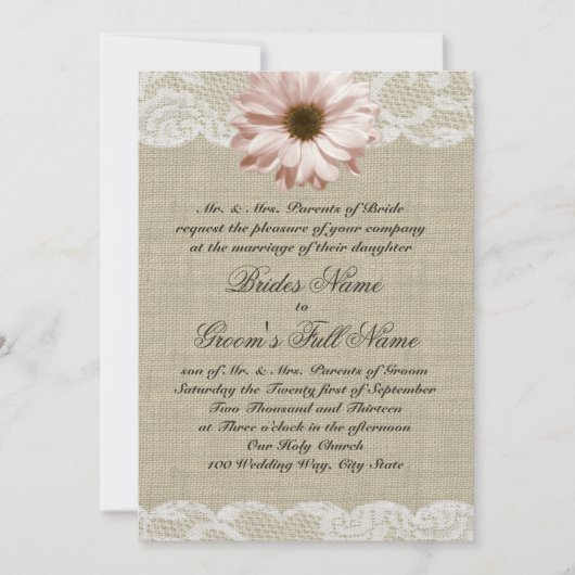 Blush Daisy en Lace Country Burlap Wedding Kaart (Voorkant)