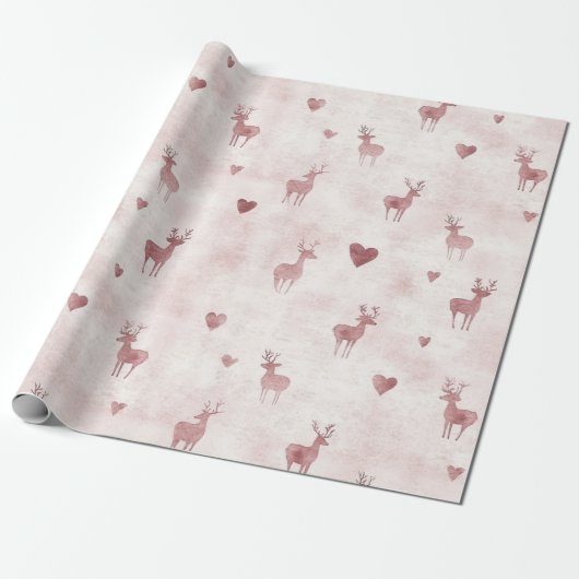 Blush Deer Hearts Christmas Cadeaupapier (Uitgerold)