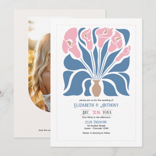 Blush & Denim Klei Abstracte Bloem Boho Bruiloft Kaart (Voorkant / Achterkant)