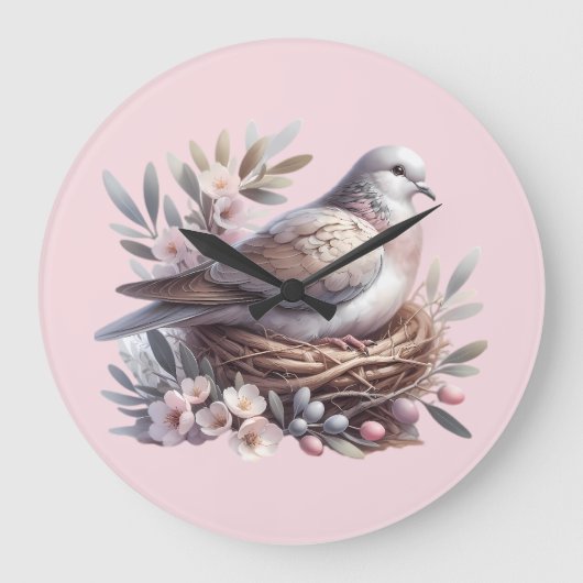 Blush Dove Nest met bloemen en olijftakken Grote Klok (Voorkant)