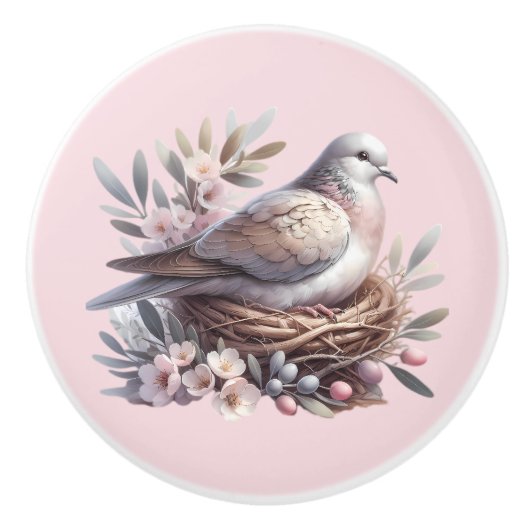 Blush Dove Nest met bloemen en olijftakken Keramische Knop (Voorkant)