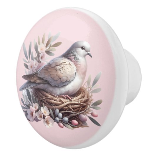 Blush Dove Nest met bloemen en olijftakken Keramische Knop (Rechts)