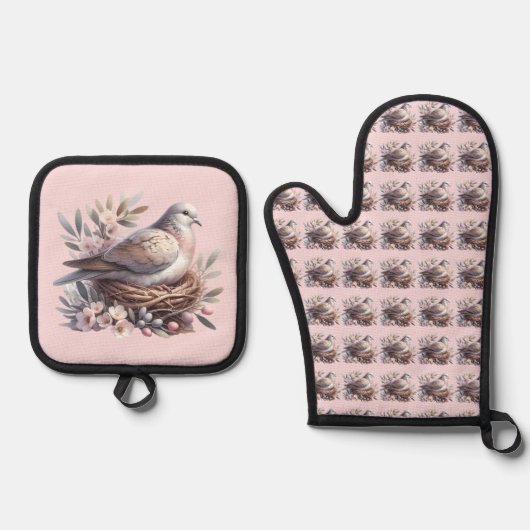 Blush Dove Nest met bloemen en olijftakken Ovenwant & Pannenlap Set (Voorkant)