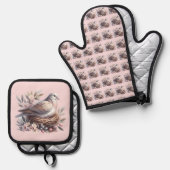 Blush Dove Nest met bloemen en olijftakken Ovenwant & Pannenlap Set (Voorkant / Achterkant)
