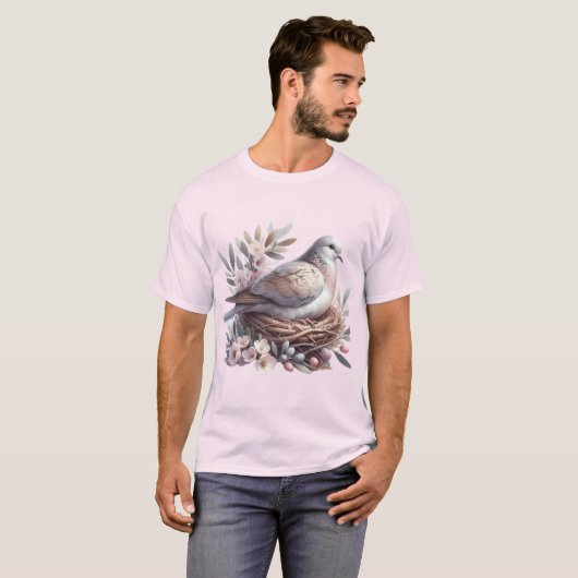Blush Dove Nest met bloemen en olijftakken T-shirt (Voorkant volledig)