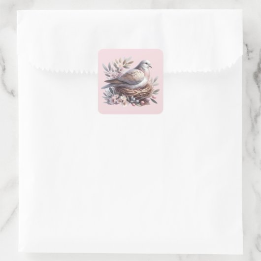 Blush Dove Nest met bloemen en olijftakken Vierkante Sticker (Tas)