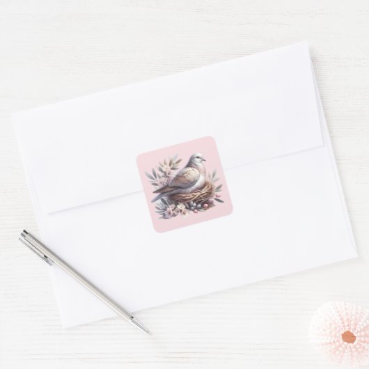 Blush Dove Nest met bloemen en olijftakken Vierkante Sticker (Envelop)