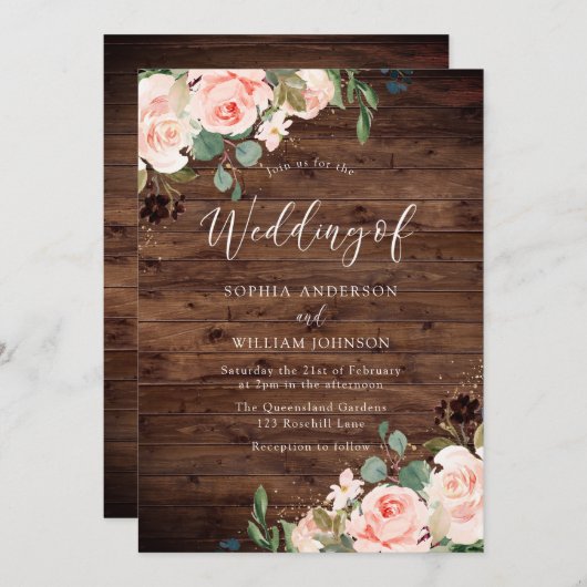 Blush Dreams: Blush Flowers Rustic Wedding Kaart (Voorkant / Achterkant)