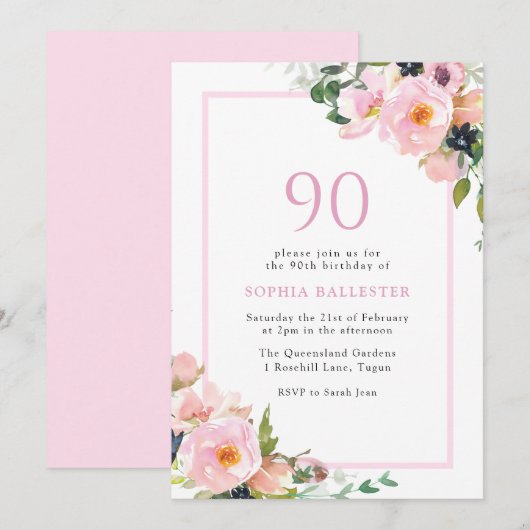 Blush Dreams Floral Womans 90th Birthday Party Kaart (Voorkant / Achterkant)