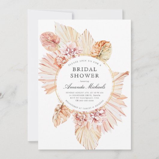 Blush Dried Palm Leaves Boho Chic Vrijgezellenfees Kaart (Voorkant)