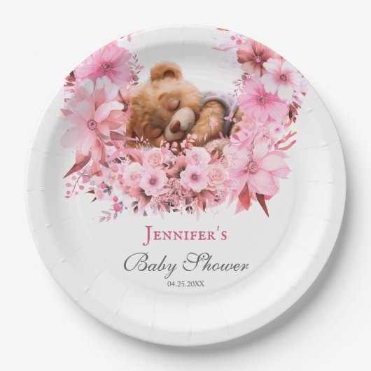 Blush Dromerige Teddybeer Roze Baby shower Papieren Bordje (Voorkant)