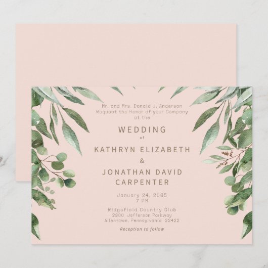 Blush druppelen eucalyptus moderne bruiloft kaart (Voorkant / Achterkant)