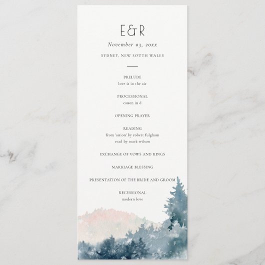 BLUSH DUSKY BLUE MOUNTAIN WEDDING CEREMONY PROGRAM MENU (Voorkant)