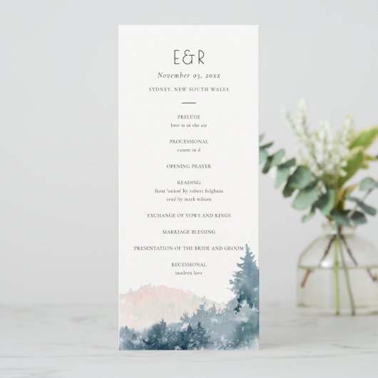 BLUSH DUSKY BLUE MOUNTAIN WEDDING CEREMONY PROGRAM MENU (Staand voorkant)