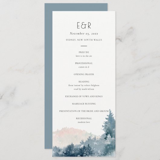 BLUSH DUSKY BLUE MOUNTAIN WEDDING CEREMONY PROGRAM MENU (Voorkant / Achterkant)