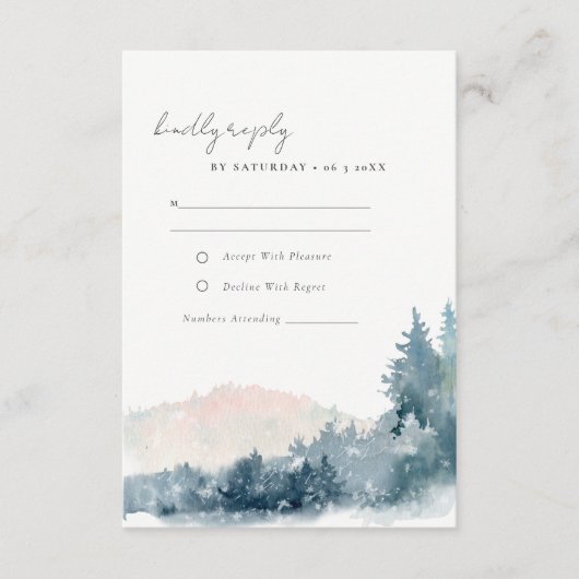 BLUSH DUSKY BLUE MOUNTAINES PINE WEDDING RSVP INFORMATIEKAARTJE (Voorkant)