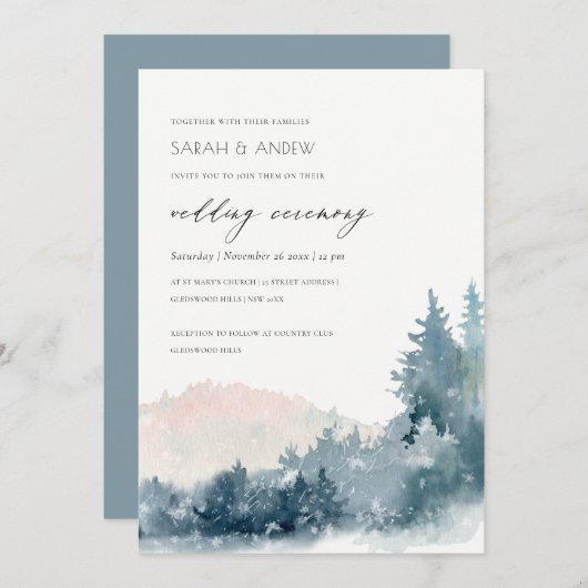 BLUSH DUSKY BLUE MOUNTAINS PINE WEDDING INVITE BEDANKKAART (Voorkant / Achterkant)