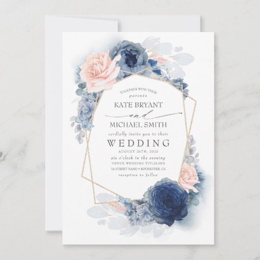 Blush Dusty and Navy Blue Floral Wedding Kaart (Voorkant)