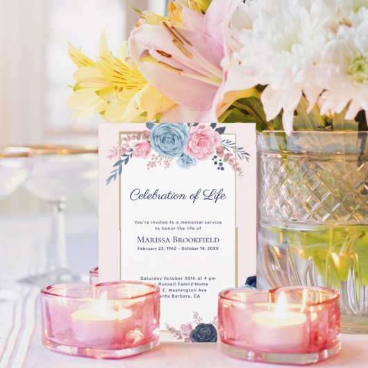 Blush Dusty Blue Celebration of Life Floral Kaart