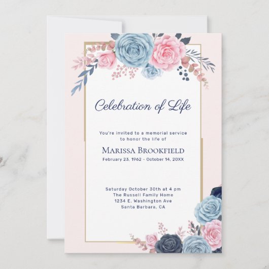 Blush Dusty Blue Celebration of Life Floral Kaart (Voorkant)