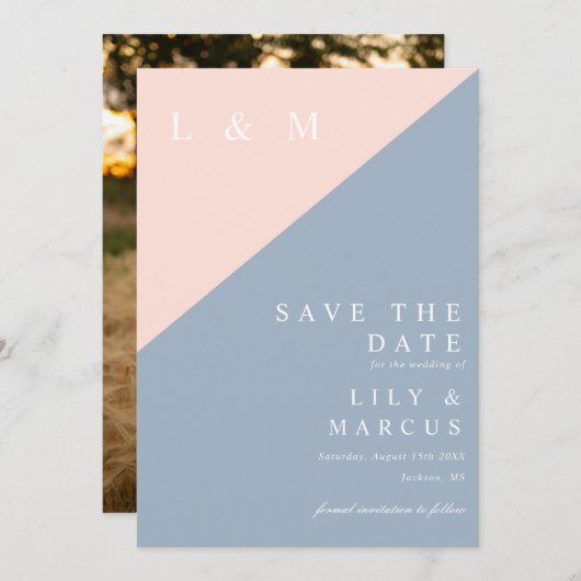 Blush Dusty Blue Minimalist Monogram Huwelijksfoto Save The Date (Voorkant / Achterkant)