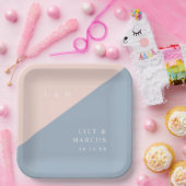 Blush Dusty Blue Minimalist Monogram Wedding Papieren Bordje (Feest)