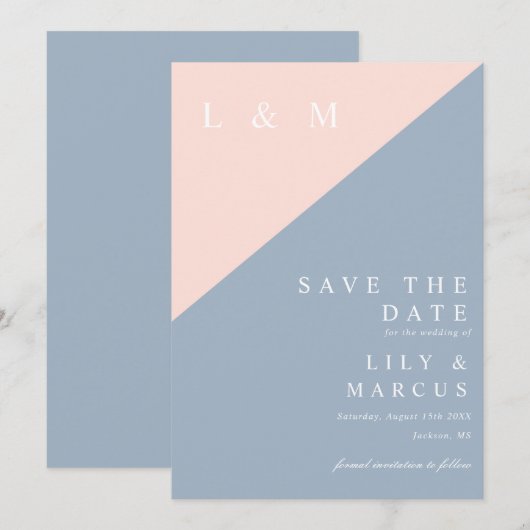 Blush Dusty Blue Minimalist Monogram Wedding Save The Date (Voorkant / Achterkant)