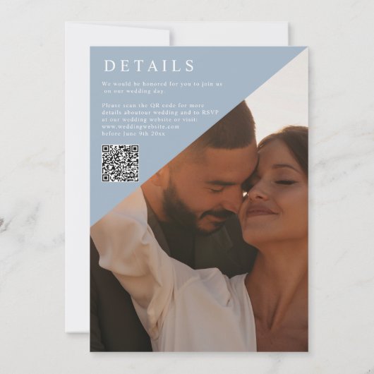 Blush Dusty Blue Minimalist Wedding Photo QR Code Kaart (Achterkant)