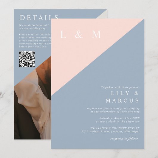 Blush Dusty Blue Minimalist Wedding Photo QR Code Kaart (Voorkant / Achterkant)