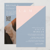 Blush Dusty Blue Minimalistische Trouwfoto QR-code Kaart (Voorkant / Achterkant)