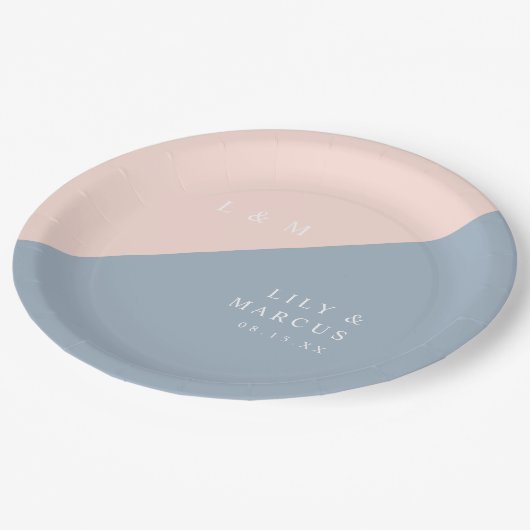 Blush Dusty Blue Modern Elegant Monogram Wedding Papieren Bordje (Gekanteld)