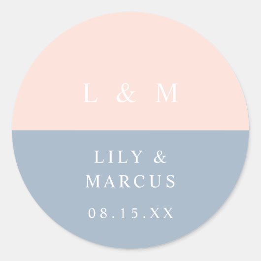Blush Dusty Blue Monogram Minimalistische Wedding  Ronde Sticker (Voorkant)