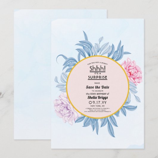 Blush Dusty Blue Waterverf 40th Birthday Save The Date (Voorkant / Achterkant)