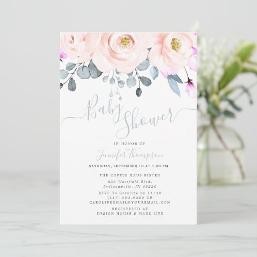 Blush & Dusty Blue Waterverf Floral Baby shower Kaart (Staand voorkant)