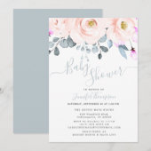 Blush & Dusty Blue Waterverf Floral Baby shower Kaart (Voorkant / Achterkant)