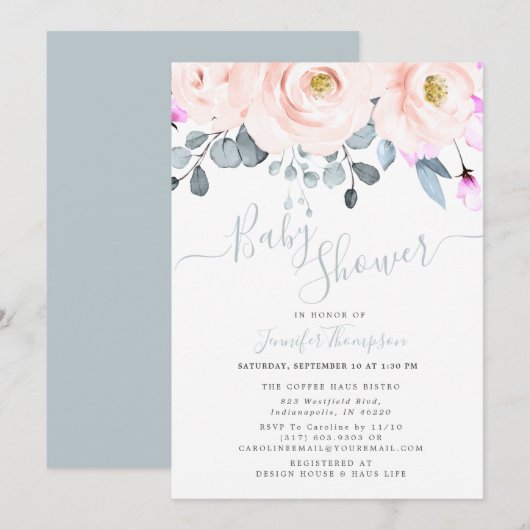 Blush & Dusty Blue Waterverf Floral Baby shower Kaart (Voorkant / Achterkant)