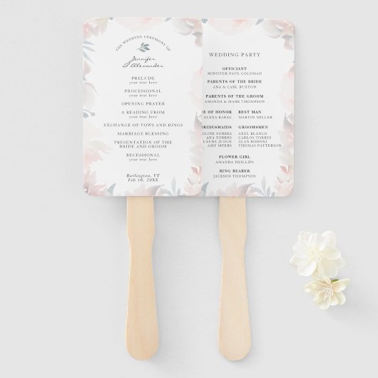 Blush Dusty Blue Waterverf Floral Wedding Program Handwaaier (Voorkant en achterkant)