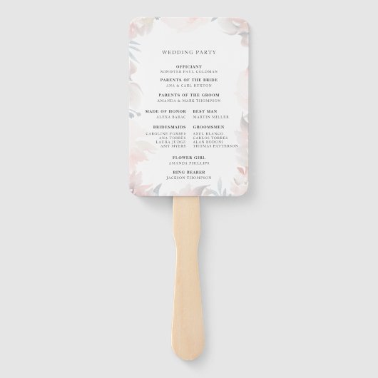 Blush Dusty Blue Waterverf Floral Wedding Program Handwaaier (Achterkant)