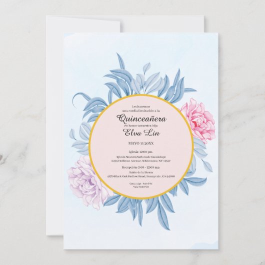 Blush Dusty Blue Waterverf Quinceanera Save The Date (Voorkant)