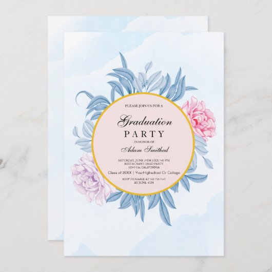 Blush Dusty Blue Waterverf Succulent ​Afstuderen Kaart (Voorkant / Achterkant)