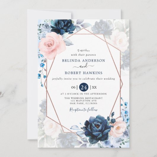 Blush Dusty en Navy Blush Roze Bloemen Huwelijk Kaart (Voorkant)